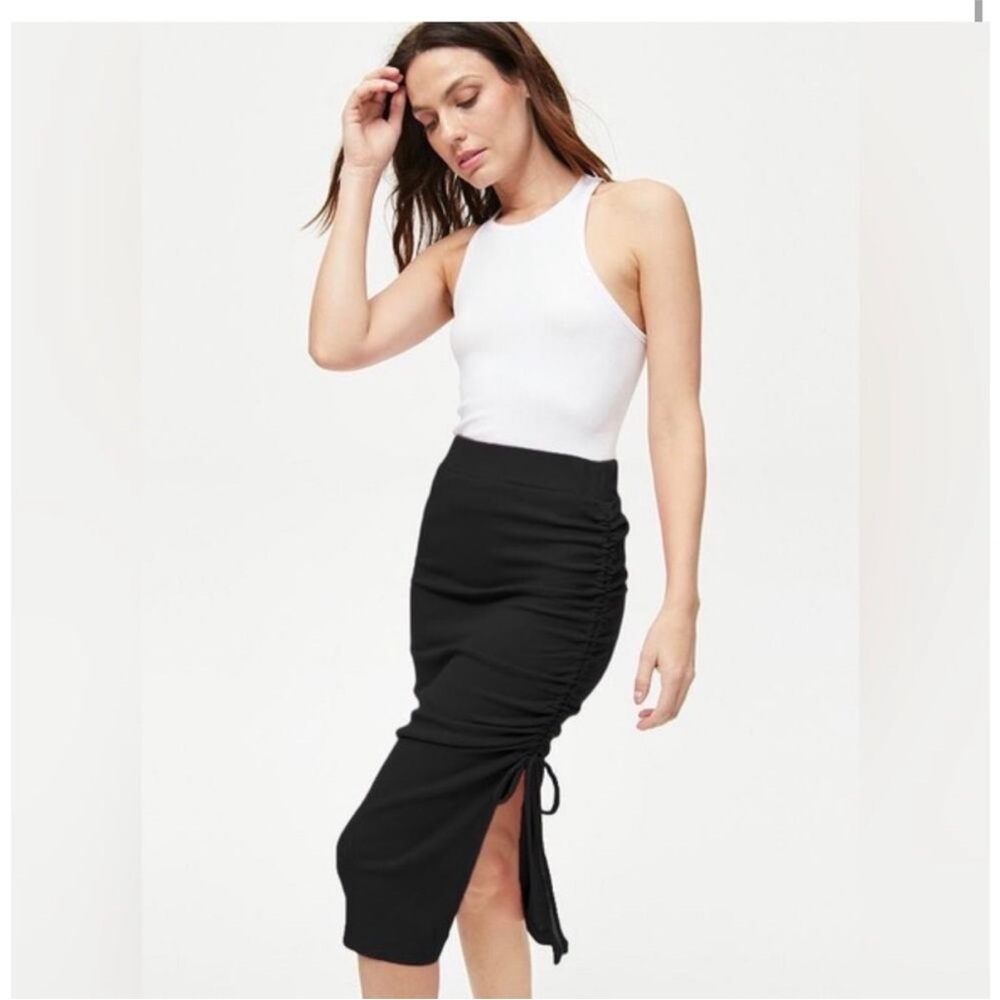 Michael Stars Lisa Marie Ribbed Ruched Side Tie Midi Skirt Black NWT Size XS